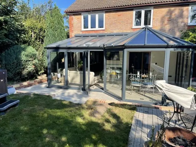 Completed single-storey rear house extension with French doors on a Southampton home