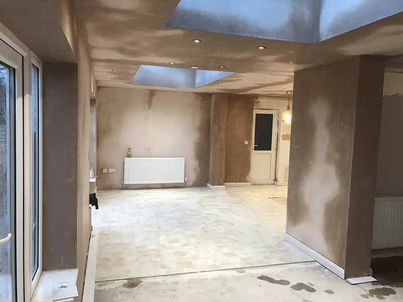 Room stripped back to plaster during a property refurbishment in Southampton
